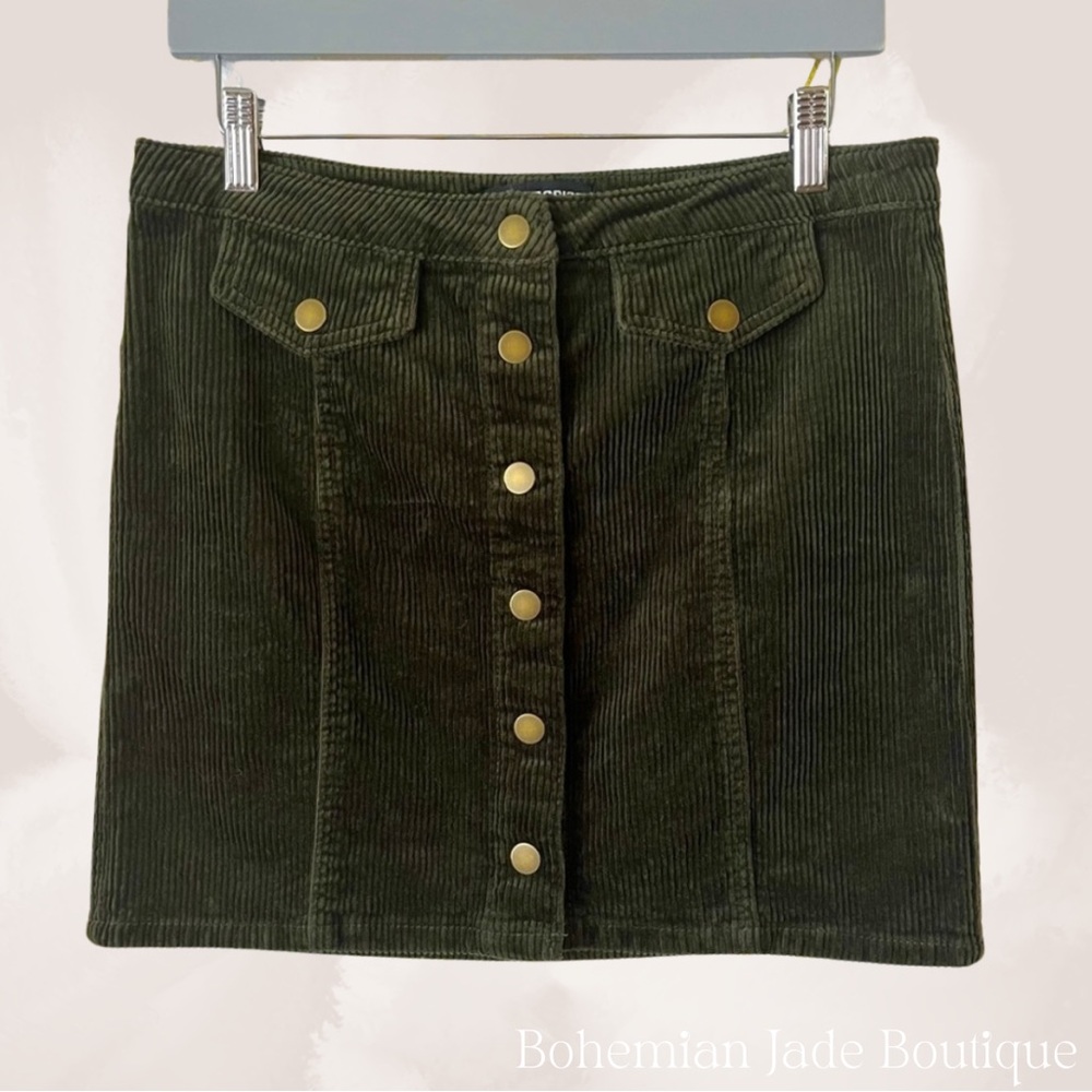 Blue Spice Corduroy Button Up Mini Skirt - Forest Green